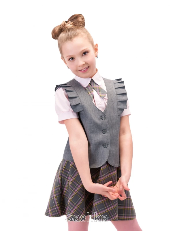 Жилет шкільний для дівчинки Sashka сірий (рюшки, напіввовна), розмір 116-146